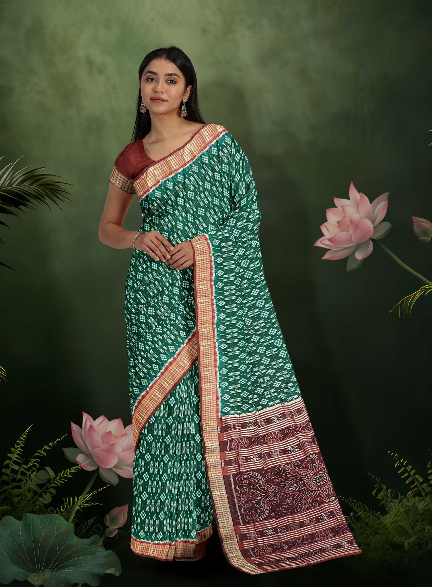 Sambalpuri Green Body Saree – Bandha Design with Maroon Border and Bandha Pallu Ikkat Style
