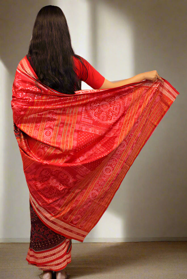 Double Dhadi Red & Coffee Sonpuri Bandha Cotton Saree – Elegant Handwoven Traditional Design