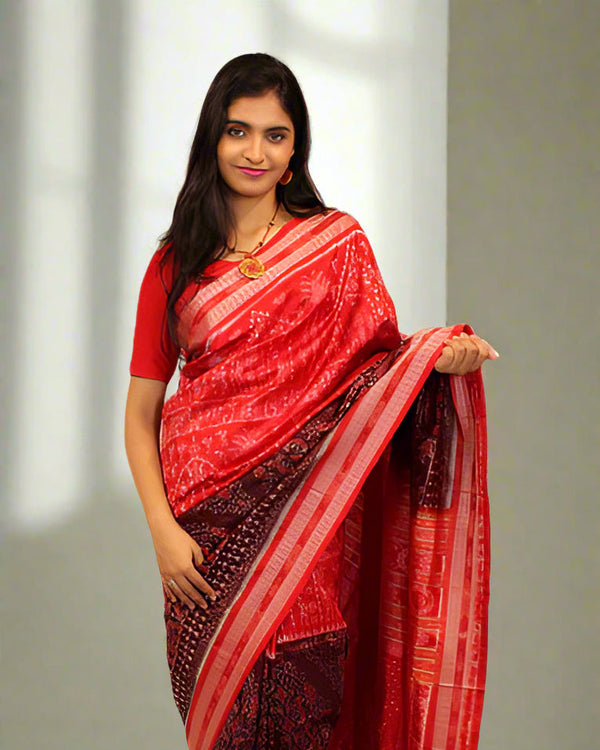 Double Dhadi Red & Coffee Sonpuri Bandha Cotton Saree – Elegant Handwoven Traditional Design