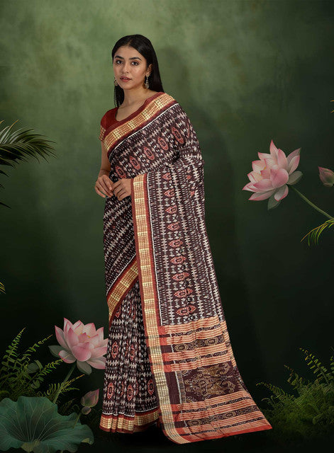 Sambalpuri Coffee Color Saree – Body Bandha with Bandha Pallu Ikkat Weaving