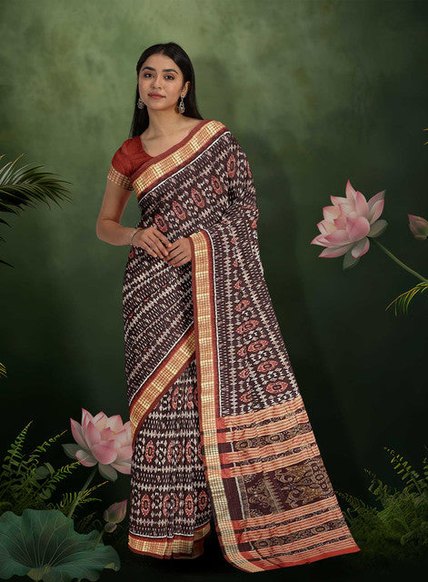 Sambalpuri Coffee Color Saree – Body Bandha with Bandha Pallu Ikkat Weaving