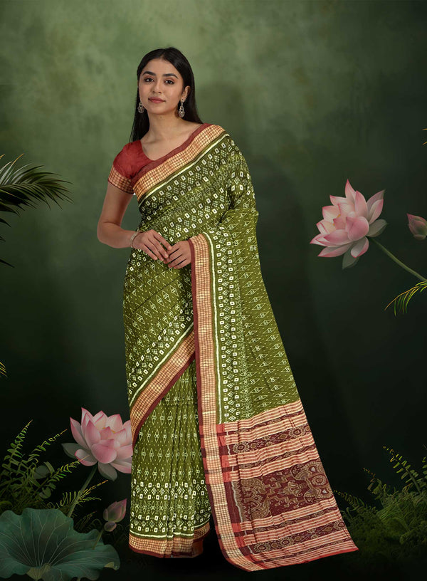 Sambalpuri Mehendi Green Body Saree – Bandha Ikkat Design with Maroon Sambalpuri Border and Bandha Pallu