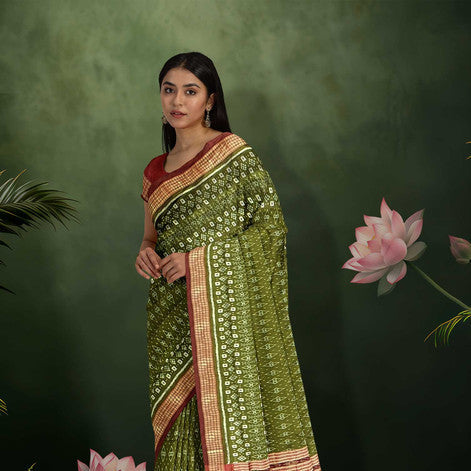 Sambalpuri Mehendi Green Body Saree – Bandha Ikkat Design with Maroon Sambalpuri Border and Bandha Pallu