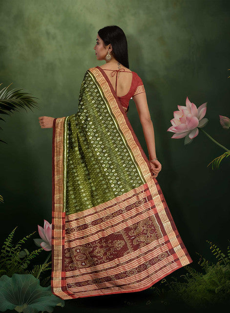 Sambalpuri Mehendi Green Body Saree – Bandha Ikkat Design with Maroon Sambalpuri Border and Bandha Pallu