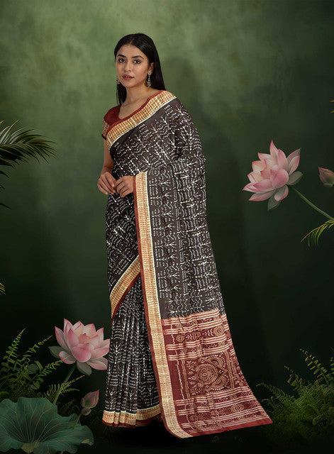 Sambalpuri Coffee Color Saree – Body Bandha Design with Maroon Bandha Pallu and Ikkat Craftsmanship