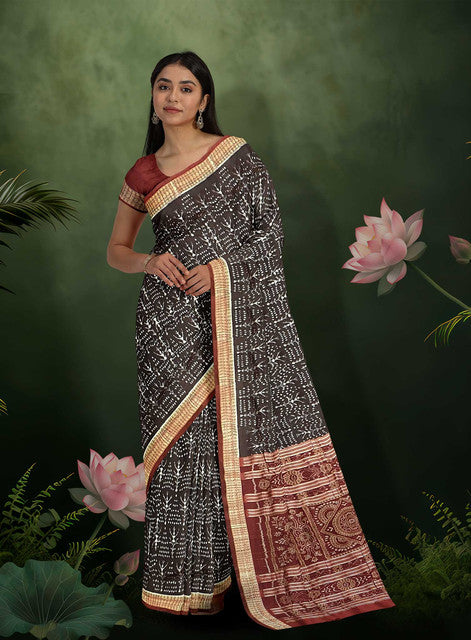 Sambalpuri Coffee Color Saree – Body Bandha Design with Maroon Bandha Pallu and Ikkat Craftsmanship