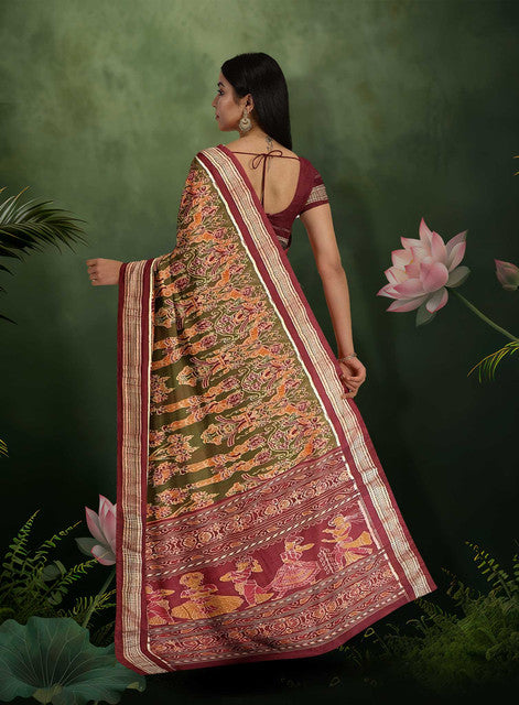 Sambalpuri Multicolor Body Saree – Bandha Design with Red Sambalpuri Border and Red Bandha Pallu