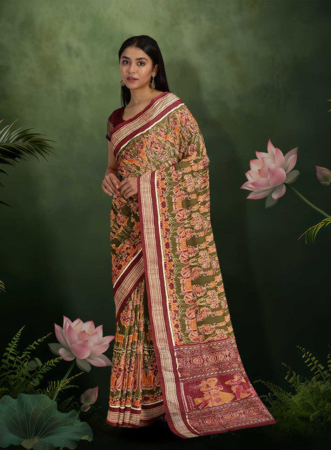 Sambalpuri Multicolor Body Saree – Bandha Design with Red Sambalpuri Border and Red Bandha Pallu